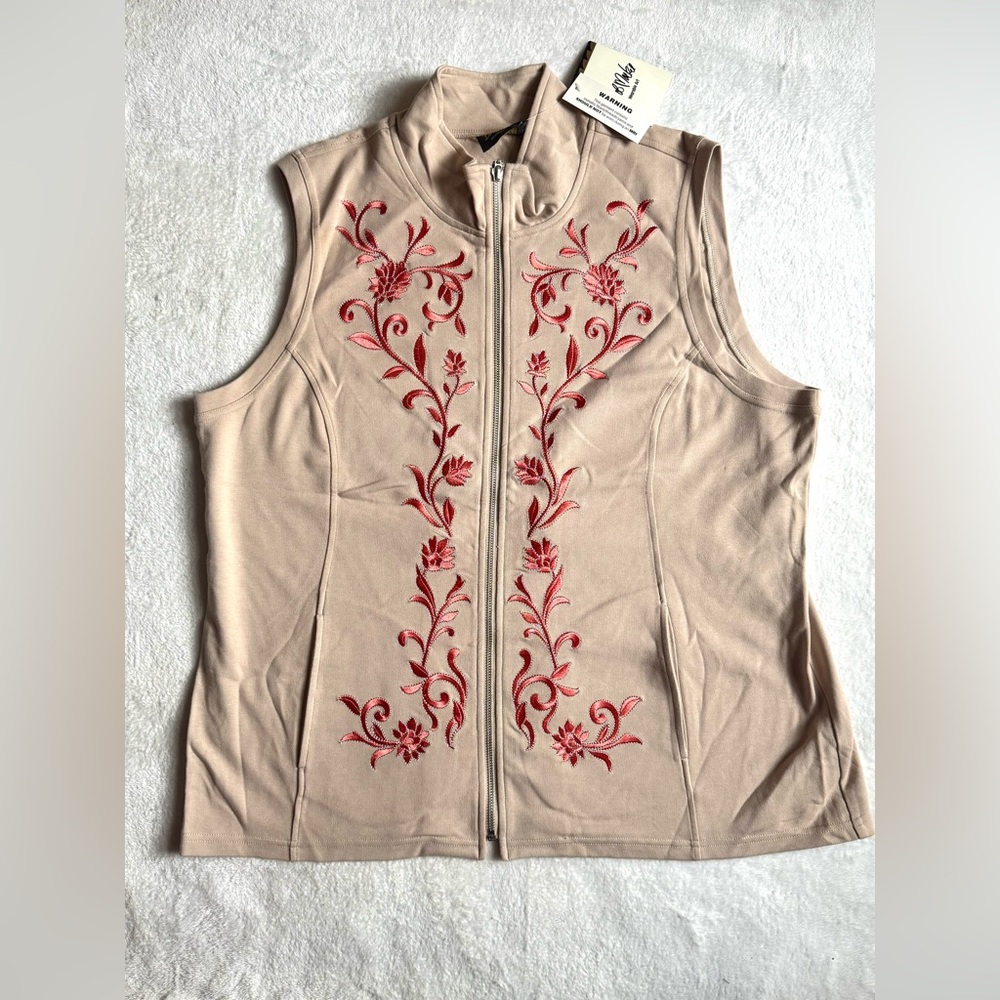 Bob Mackie Wearable Art XL Floral Embroidered Zip Front Ponte Knit Vest